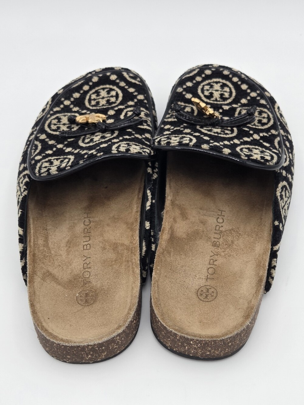 Tory Burch T Monogram Jacquard Charm Mules in black. - Picture 3 of 5